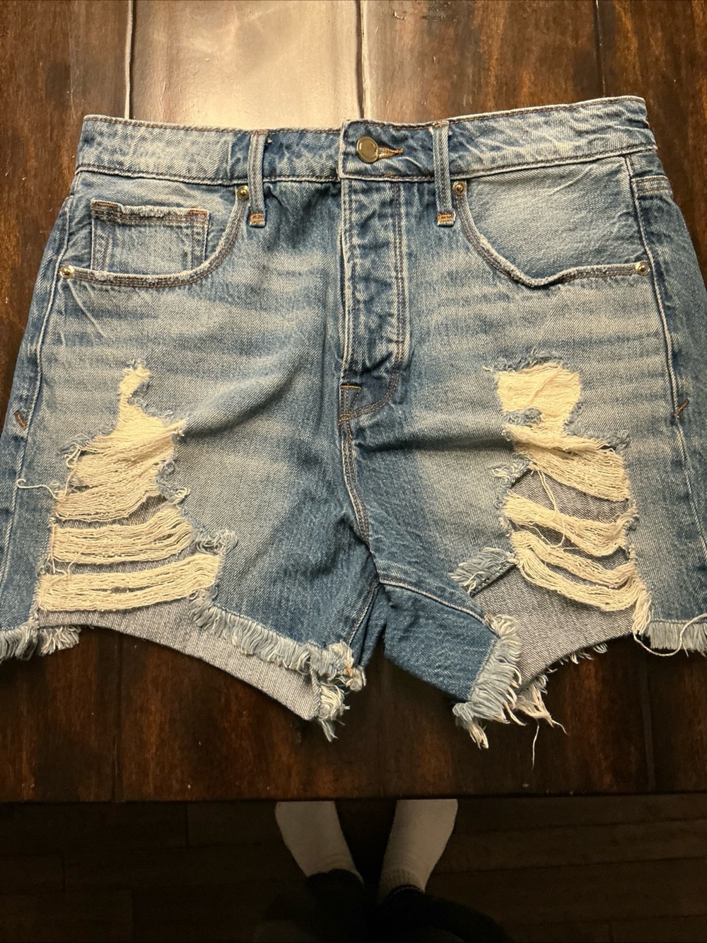Good American Light Blue Distressed High Waist Denim Shorts